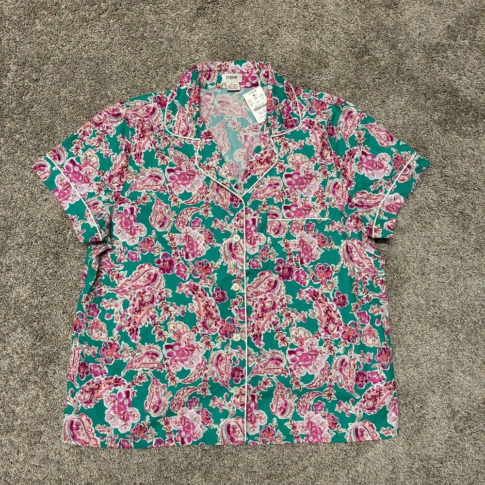 J.Crew Womens L Pajama Top Short Sleeve 100% Cotton Pink Paisley White Trim NWT